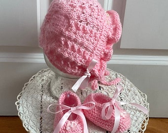 Knit Vintage Style Baby Bonnet and Ballet Slipper Set, Pink, 0-3m