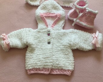 Knit Fluffy Fleece-Like Baby Bunny Hoodie with Ears, Bunny Buttons, Bows and Baby Boots, 3-6m