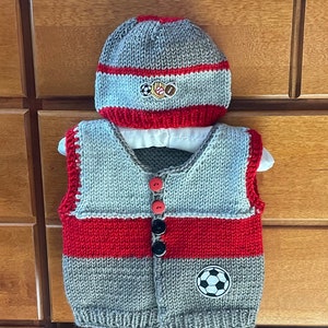 Sale Hand Knit Baby Soccer Grey & Red Cardigan Vest and Sports Hat Set, 3-6m image 10