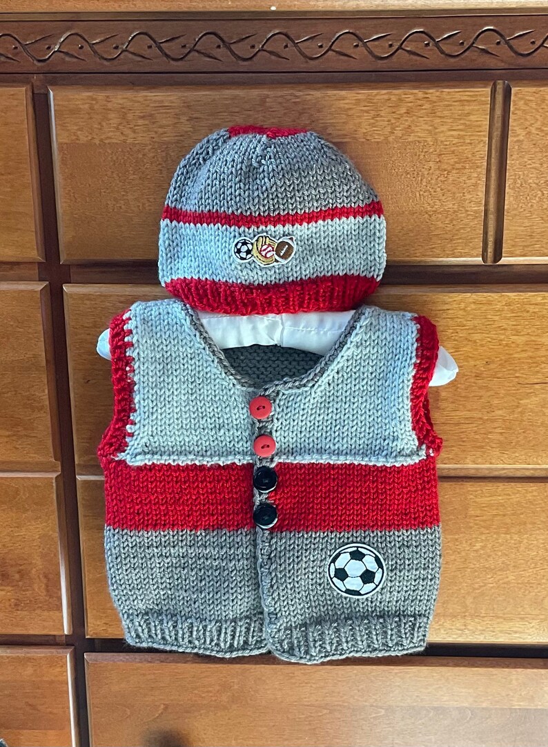 Sale Hand Knit Baby Soccer Grey & Red Cardigan Vest and Sports Hat Set, 3-6m image 10