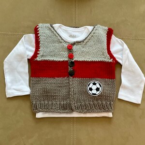 Sale Hand Knit Baby Soccer Grey & Red Cardigan Vest and Sports Hat Set, 3-6m image 2