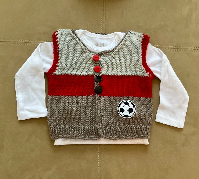 Sale Hand Knit Baby Soccer Grey & Red Cardigan Vest and Sports Hat Set, 3-6m image 2