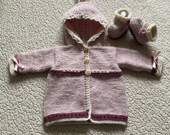 Hand Knitted Vintage Style  Baby Hoodie with Beads, Lace and Mary Jane Bootie Shoes, 3-6m