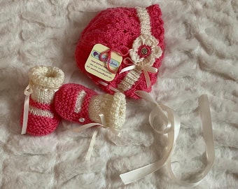 Knit Baby Bonnet & Mary Jane Booties, Deep Pink, Adjustable, 0-3m