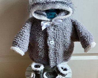 Knit Fluffy Fleece-Like Gray Baby Cat Hoodie with Ears, Cat Buttons,  White Trim and Baby Boots, 3-6m