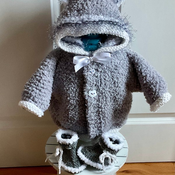 Knit Fluffy Fleece-Like Gray Baby Cat Hoodie with Ears, Cat Buttons,  White Trim and Baby Boots, 3-6m