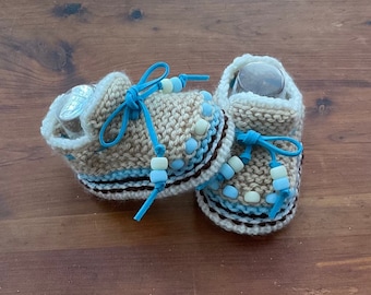 Unisex Baby Moccasin Slipper Shoes with Suede Ties & Beads, Natural Fiber, 3-6m