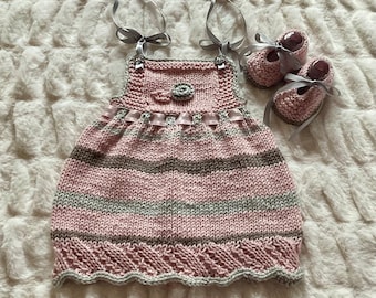 New Baby Jumper Dress and Shoe Set with Ribbon Straps, Adjustable Chest, Fancy Buttons & Hem, 0-3m