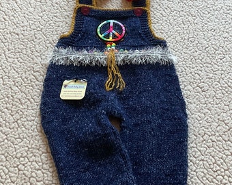 Baby Knit Hippie Peace Blue Denim Dungaree Overalls with Beads, Fringe and Moccasins, 3-6m