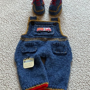 Baby Knit Stonewash Dungaree Overalls with Red Firetruck Applique, Pockets, Buttons and Sneaker Bootie Shoes, 0-3m+