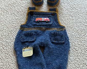 Baby Knit Stonewash Dungaree Overalls with Red Firetruck Applique, Pockets, Buttons and Sneaker Bootie Shoes, 0-3m+