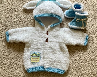 Knit Fluffy Fleece-Like Baby Bunny Hoodie with Ears, Bunny Buttons, Blue Trim and Baby Boots, 3-6m