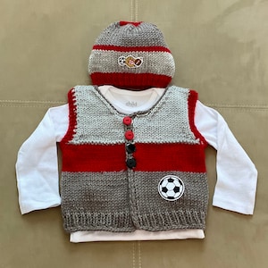Sale Hand Knit Baby Soccer Grey & Red Cardigan Vest and Sports Hat Set, 3-6m image 1