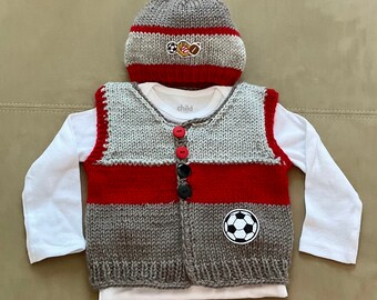 Sale! Hand Knit Baby Soccer Grey & Red Cardigan Vest and Sports Hat Set, 3-6m