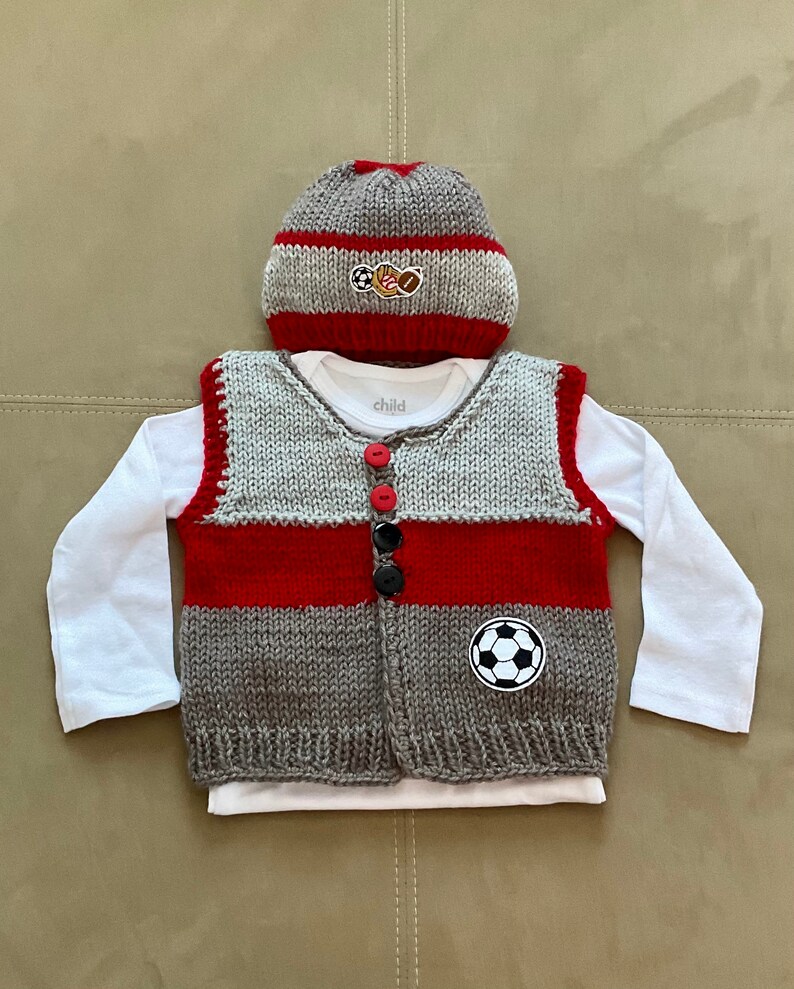 Sale Hand Knit Baby Soccer Grey & Red Cardigan Vest and Sports Hat Set, 3-6m image 1