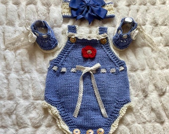 Knit Baby Girl Hydrangea Blue Lacey Romper, Headband and Baby Shoe Set, 3-6m+