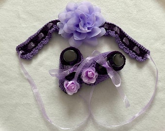 Fancy Big Flower Lilac Baby Headband & Shoe Set with Roses and Ribbon, 3-6m