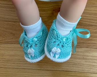 Aqua Knit Cotton Baby Shoes with Ribbon Ties and Bows, 3-6m