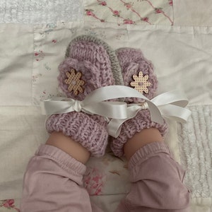 Dusty Pink Wool Blend Knit Baby Booties with Wooden Buttons & Satin Ribbon Ties, 3-6m