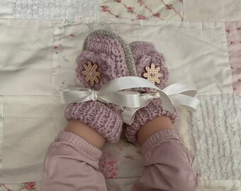 Dusty Pink Wool Blend Knit Baby Booties with Wooden Buttons & Satin Ribbon Ties, 3-6m