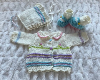 Colorful Baby Easter Egg Button Cardigan Sweater, Pixie Bonnet and Mary Jane Shoes, 2-6m