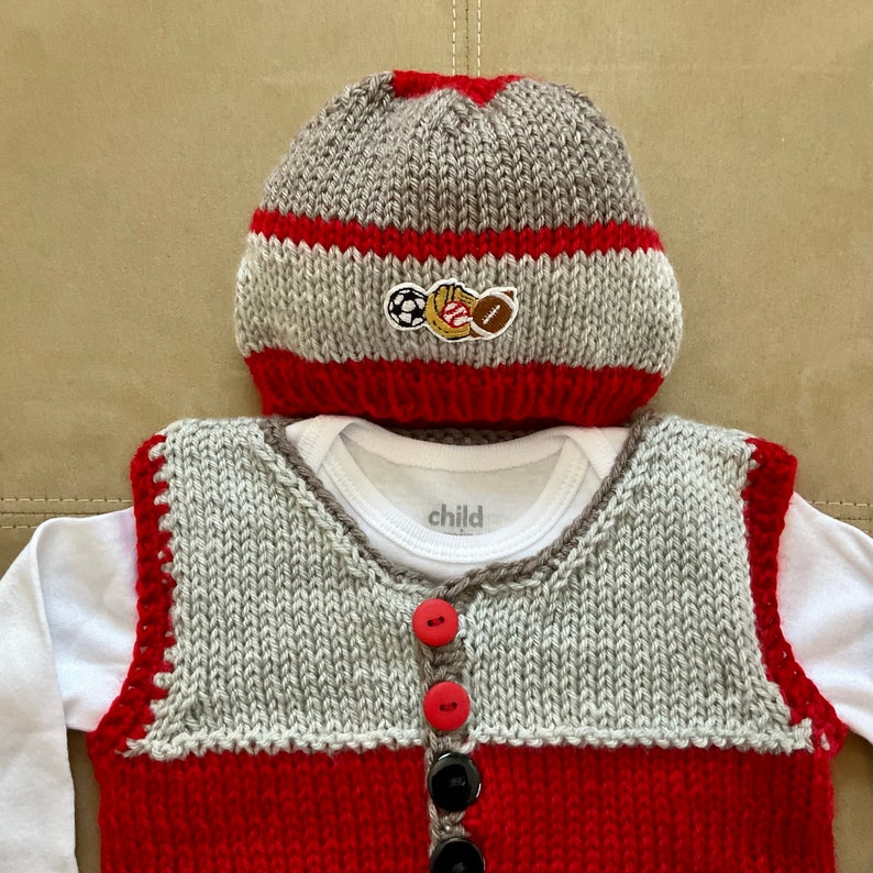 Sale Hand Knit Baby Soccer Grey & Red Cardigan Vest and Sports Hat Set, 3-6m image 5
