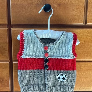 Sale Hand Knit Baby Soccer Grey & Red Cardigan Vest and Sports Hat Set, 3-6m image 8