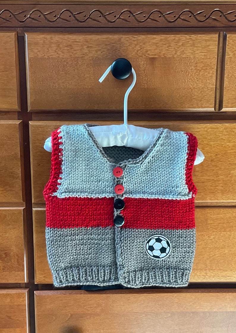 Sale Hand Knit Baby Soccer Grey & Red Cardigan Vest and Sports Hat Set, 3-6m image 8