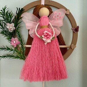 Sweet Pink Macrame Angel Hanging Ornament with Wooden Ring and Pink Butterfly Wings, 7”