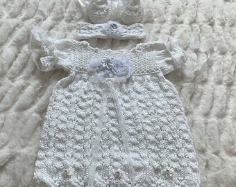 Heirloom Lace Christening, Baptism Baby Dress, Headband and Bootie Shoe Set, 0-3m+
