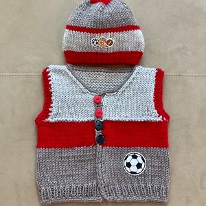 Sale Hand Knit Baby Soccer Grey & Red Cardigan Vest and Sports Hat Set, 3-6m image 6