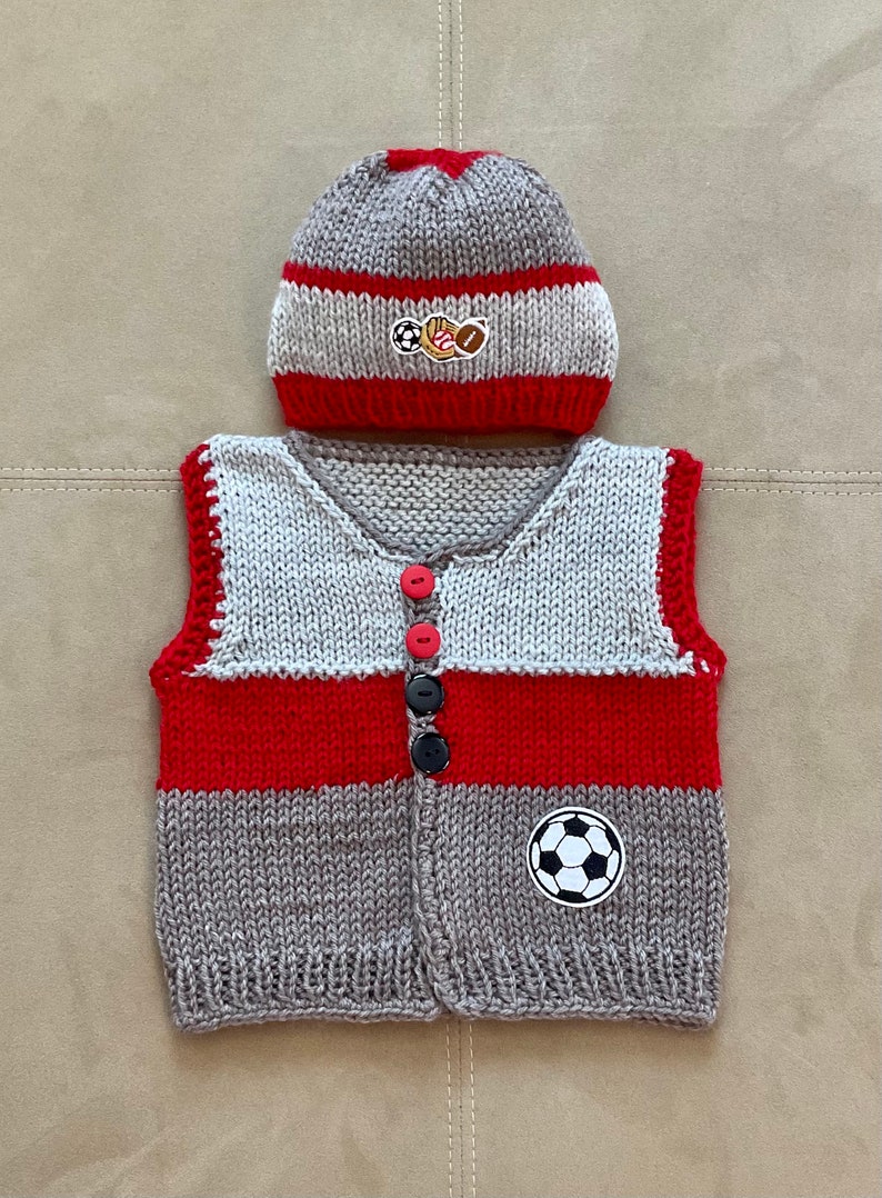 Sale Hand Knit Baby Soccer Grey & Red Cardigan Vest and Sports Hat Set, 3-6m image 6