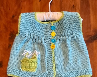 Colorful Blue & Green Knit Baby Cardigan Vest with Flower Buttons and Daisy Pocket, 6-9m+