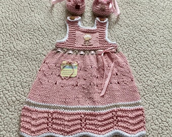 Knit Cotton Baby Jumper Dress and Shoe Set, Adjustable Waist, Dusty Pink & Tan, Owl Theme, 3-6m