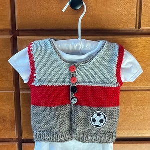 Sale Hand Knit Baby Soccer Grey & Red Cardigan Vest and Sports Hat Set, 3-6m image 4
