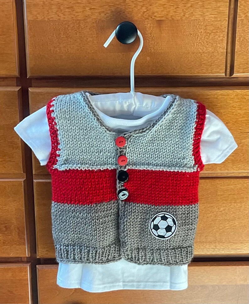 Sale Hand Knit Baby Soccer Grey & Red Cardigan Vest and Sports Hat Set, 3-6m image 4