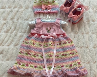 Ultra Soft Garden Print Baby Jumper Dress, Hat and Shoe Set with Ribbon and Bows,  3-6m