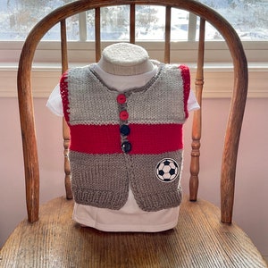 Sale Hand Knit Baby Soccer Grey & Red Cardigan Vest and Sports Hat Set, 3-6m image 7