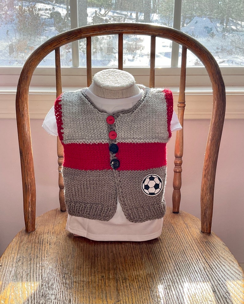 Sale Hand Knit Baby Soccer Grey & Red Cardigan Vest and Sports Hat Set, 3-6m image 7