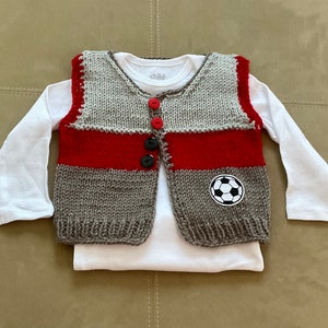 Sale Hand Knit Baby Soccer Grey & Red Cardigan Vest and Sports Hat Set, 3-6m image 9