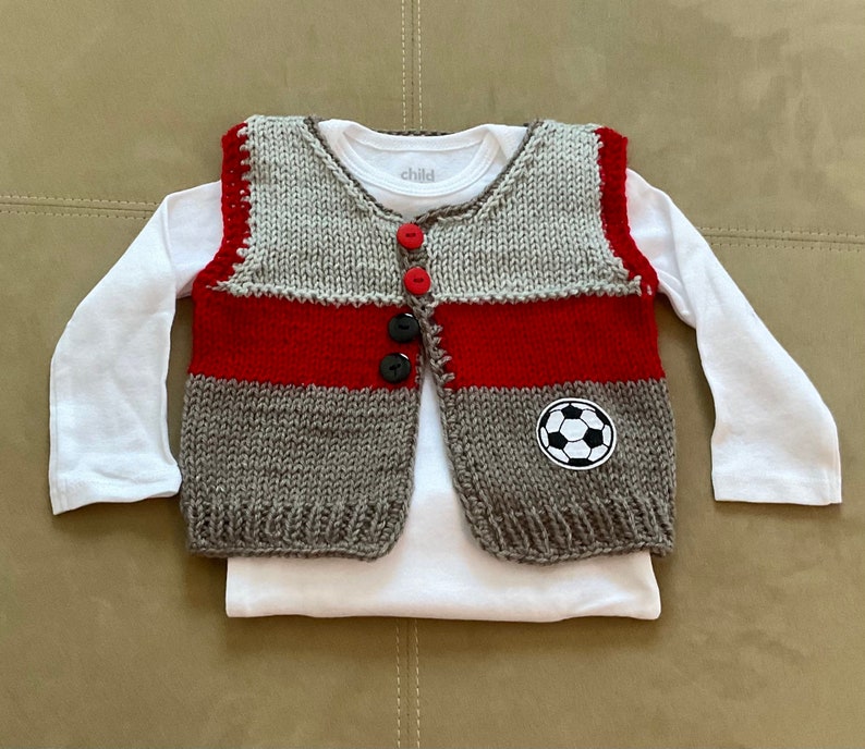 Sale Hand Knit Baby Soccer Grey & Red Cardigan Vest and Sports Hat Set, 3-6m image 9