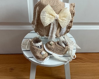 Heirloom Lace Knit Cotton Bamboo Baby Bonnet & Shoe Set with Big Bow, Adjustable,  3-6m