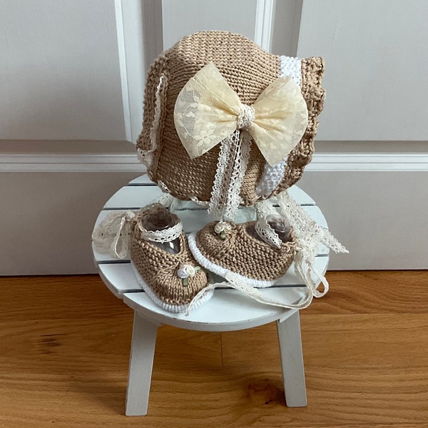 Heirloom Lace Knit Cotton Bamboo Baby Bonnet & Shoe Set with Big Bow, Adjustable,  3-6m