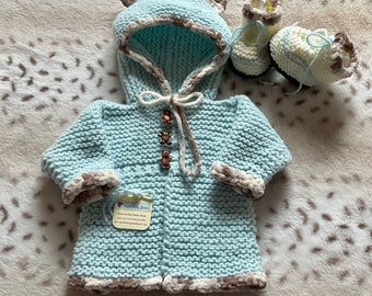 Ultra Soft Light Blue Fleece Baby Cub Hoodie with Ears, Cub Buttons and Baby Sneaker Booties, 3-6m