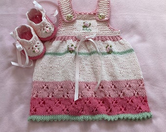 Cotton Shades of Pink Knit Baby Dress and Baby Shoe Set, with Roses & Ribbon, 3-6m