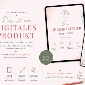 Könnte beinhalten: Ein digitaler Jahreskalender für 2026-2027 auf einem Tablet- und Smartphone-Bildschirm. Das Design zeigt zarte rosa Aquarellakzente, florale Illustrationen und deutschen Text. Ein kreisförmiges Abzeichen trägt den weißen Text 100% DIGITAL.