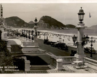 Rio de Janeiro Brazil Praia Copacabana Beach Terrace RPPC Vintage Postcard c1930