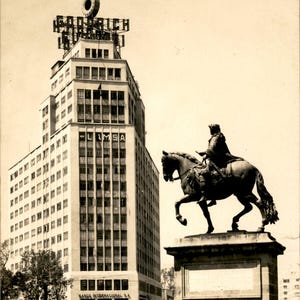 Mexico City RPPC Edificio Internacional Carlos IV Statue Goodrich LAMSA c1940s