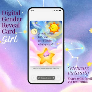 Könnte beinhalten: Ein Smartphone zeigt eine digitale Gender-Reveal-Karte mit himmlischem Motiv. Auf dem Bildschirm sind ein lächelnder Mond und eine Sonne, rosa Wolken und ein zentraler gelber Stern mit dem Text Girl zu sehen. Die Karte enthält den Text Twinkle, twinkle, Little star.