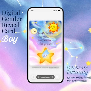 Könnte beinhalten: Ein Smartphone zeigt eine digitale Gender-Reveal-Karte mit himmlischem Motiv. Die Karte zeigt eine lächelnde Sonne und einen Mond, rosa und blaue Wolken sowie den Text: Twinkle, twinkle, Little star... How I wonder what you are! Ein zentraler Stern enthüllt das Wort Boy.